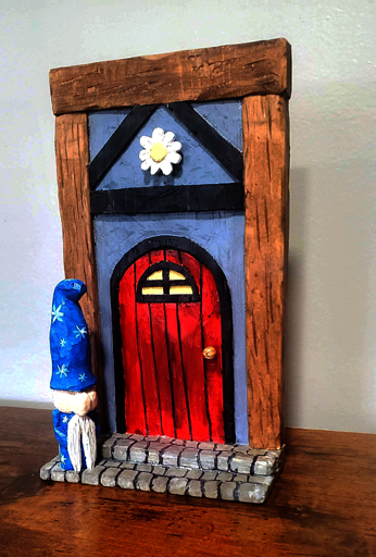 Fairy door with gnome, hand carved and hand painted
